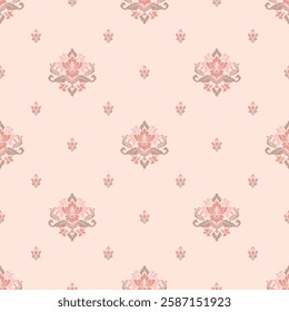 Damask seamless pattern. Florals in the Baroque style. Flowers in pink tones. Pink damask pattern. Pink flowers.