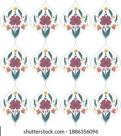 Damask seamless pattern with flowers and butterfly and leafs on a white background