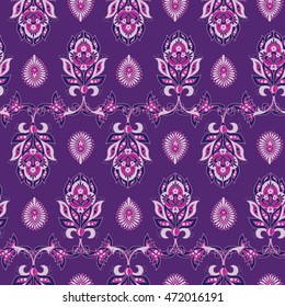 Damask seamless pattern with flowers in Indian style. Floral vector wallpaper
