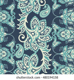 Damask seamless pattern with flowers in Indian style. Floral vector wallpaper