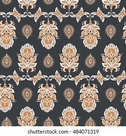 Damask seamless pattern with flowers in Indian style. Floral vector wallpaper