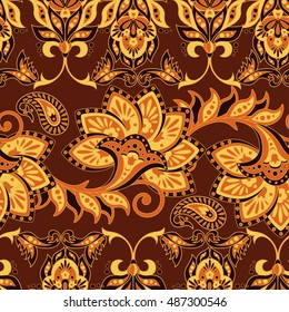 Damask seamless pattern with flowers in Indian style. Floral vector wallpaper