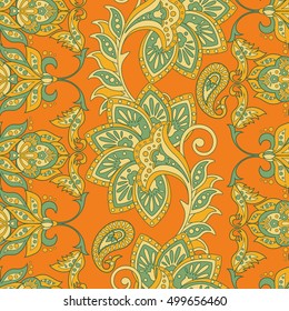 Damask seamless pattern with flowers in Indian style. Floral vector wallpaper