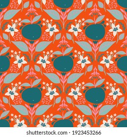 Damask seamless pattern with fruit, flower and leaves, bright vector illustration for fabric, packaging, textile, decor, wallpaper