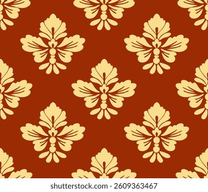 Damask seamless pattern with gold abstract floral and dark red background, luxury style, vector illustration elegant for textile design, wall paper, bedding, curtains, cushion, upholstery fabric, rug