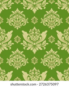Modelo inconsútil del damasco con las flores abstractas del oro, fondo verde, diseño vintage y lujoso, Ilustración vectorial para la materia textil, papel de pared, tela de la tapicería, ropa de cama, cortina, cubierta del amortiguador, alfombra, alfombra, envoltura, decoración, estilo barroco