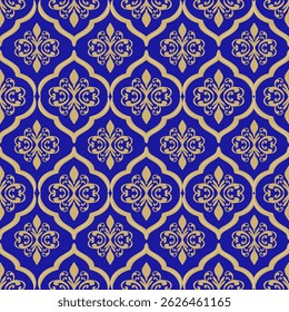 Padrão sem emenda de damasco com padrão floral de ouro e geométrico, fundo azul, ilustração vetorial elegante para têxtil, papel de parede, cortinas, capa de almofada, tapete, cachecol, design vintage, estilo de luxo