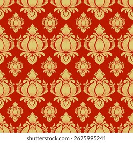 Modelo inconsútil del damasco con las flores del oro y el fondo rojo, diseño vintage, estilo lujoso, Ilustración vectorial elegante para la materia textil, papel de pared, cortinas, cubierta del cojín, alfombra, tela de tapicería, bufanda