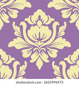Damask naadloos patroon met gouden bloemen en paarse achtergrond, vector illustratie elegant voor textiel, behang, tapijt, gordijnen, kussenhoes, sjaal, stoffering stof, vintage, luxe stijl