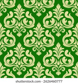 Patrón sin fisuras de damasco con hojas de oro y fondo verde, Ilustración vectorial elegante para textiles, papel de pared, ropa de cama, cortinas, funda de cojín, alfombra, bufanda, moda, diseño vintage, estilo de lujo
