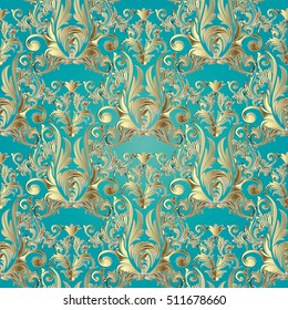 Damask seamless pattern. Gold luxury vector floral  3d wallpaper with vintage decorative flowers leaves and antique ornaments. Baroque ornamental light blue background