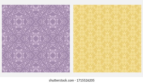 Damask seamless pattern. Gold and Purple. Vector graphics.