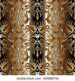 Damask seamless pattern, Gold striped  background wallpaper illustration with vintage   3d flowers, scroll leaves and  antique baroque ornaments in Victorian style.. Vector  endless floral  texture.