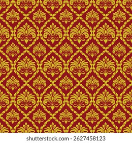 Padrão sem costura Damask com flores abstratas douradas e fundo vermelho, design vintage, estilo de luxo, vetor Ilustração elegante para têxtil, papel de parede, cortinas, capa de almofada, tapete, cachecol, decoração