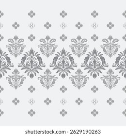 Padrão sem emenda de damasco com elementos florais cinzas, design vintage, ilustração vetorial elegante para têxtil, papel de parede, cortina, capa de almofada, tapete, cachecol, tecido de estofo, decoração, interior