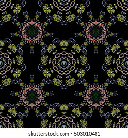Damask seamless pattern in green colors. Design for fabric, wallpaper, background, invitation, wrapping and book covers. Vector vintage floral ornament. Oriental style. Hand drawn illustration.