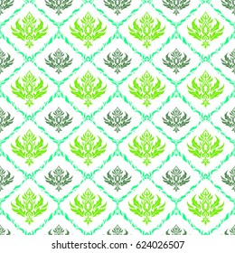 Damask seamless pattern in green colors. Hand drawn illustration. Design for fabric, wallpaper, background, invitation, wrapping and book covers. Oriental style. Vector vintage ornament.