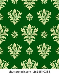 Damask seamless pattern with green leaves, vintage design, vector illustration elegant for textile design, wall paper, bedding, curtains, cushion cover, rug, scarf, upholstery fabric, luxury design