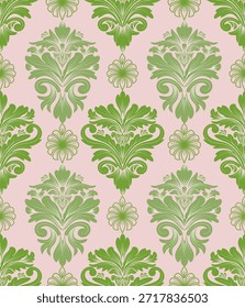 Patrón sin fisuras de damasco con hojas verdes, diseño vintage, Ilustración vectorial elegante para textiles, papel de pared, ropa de cama, cortinas, funda de cojín, alfombra, alfombra, tela de tapicería, moda, bufanda, abrigo, decoración estilo barroco