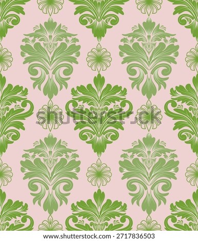 Damask seamless pattern with green leaves, vintage design, vector illustration elegant for textile, wall paper, bedding, curtains, cushion cover, rug, carpet, upholstery fabric, fashion, scarf,wrap, decoration Baroque style