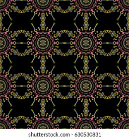 Damask seamless pattern in green, pink and yellow colors. Vector vintage ornament. Hand drawn sketch. Oriental style. Design for fabric, wallpaper, background, invitation, wrapping and book covers.