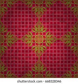 Damask seamless pattern in green and red colors. Design for fabric, wallpaper, background, invitation, wrapping and book covers. Hand drawn illustration. Vector vintage ornament. Oriental style.