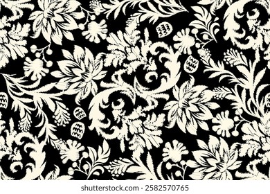 Damask seamless pattern, Ikat floral gothic background, vector illustration, ethnic oriental embroidery, Aztec style, baroque. Design for texture, fabric, clothing, decoration, fashion, textiles  