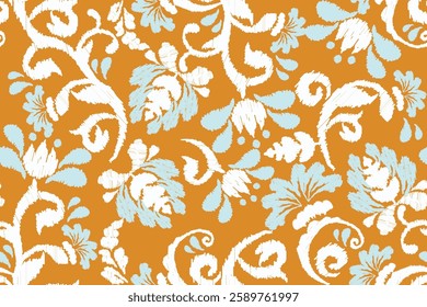 Damask seamless pattern, Ikat floral seamless pattern background, Ikat ethnic oriental embroidery, Aztec style, baroque. Design for texture, fabric, clothing, decoration, fashion, tile