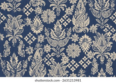 Damask seamless pattern, Ikat floral seamless pattern background, vector illustration, Ikat ethnic oriental embroidery, Aztec style, baroque. Design for texture, fabric, clothing, decoration, fashion