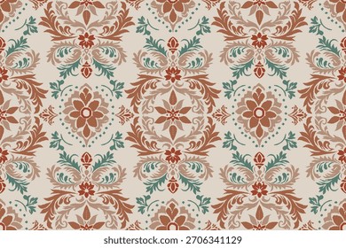 Damask seamless pattern, Ikat floral seamless pattern background, vector illustration, Ikat ethnic oriental embroidery, Aztec style, baroque. Design for texture, fabric, clothing, decoration, fashion