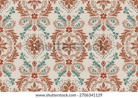 Damask seamless pattern, Ikat floral seamless pattern background, vector illustration, Ikat ethnic oriental embroidery, Aztec style, baroque. Design for texture, fabric, clothing, decoration, fashion