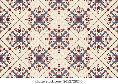 Damask seamless pattern. Ikat ornament. Ethnic South Western decor style. Ikat Boho geometric ornament. Vector seamless pattern. Mexican blanket, rug. Woven carpet