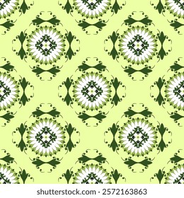 Damask seamless pattern illustration in traditional style, like Portuguese tiles in green and white colors. Design for wallpaper, sarees, home decoration, and clothing.