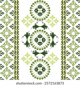 Damask seamless pattern illustration in traditional style, like Portuguese tiles in green and white colors. Design for wallpaper, sarees, home decoration, and clothing.