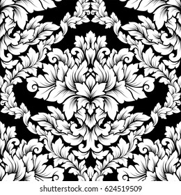 Damask seamless pattern intricate design. Luxury royal ornament, victorian texture for wallpapers, textile, wrapping. Exquisite floral baroque lacy flourish black and white