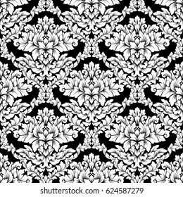 Damask seamless pattern intricate design. Luxury royal ornament, victorian texture for wallpapers, textile, wrapping. Exquisite floral baroque lacy flourish black and white