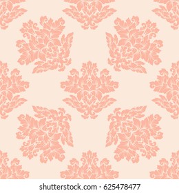 Damask seamless pattern intricate design. Luxury royal ornament, victorian texture for wallpapers, textile, wrapping . Exquisite floral baroque lacy flourish in vintage peachy colors.