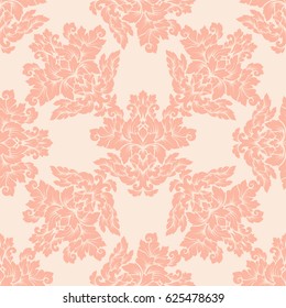 Damask seamless pattern intricate design. Luxury royal ornament, victorian texture for wallpapers, textile, wrapping . Exquisite floral baroque lacy flourish in vintage peachy colors.