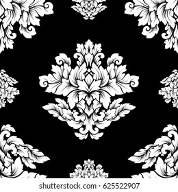 Damask seamless pattern intricate design. Luxury royal ornament, victorian texture for wallpapers, textile, wrapping. Exquisite floral baroque lacy flourish in black and white monochrome colors.