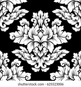 Damask seamless pattern intricate design. Luxury royal ornament, victorian texture for wallpapers, textile, wrapping. Exquisite floral baroque lacy flourish in black and white monochrome colors.