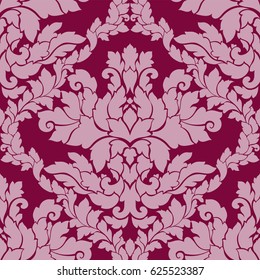 Damask seamless pattern intricate design. Luxury royal ornament, victorian texture for wallpapers, textile, wrapping. Exquisite floral baroque lacy flourish in vintage deep red color.