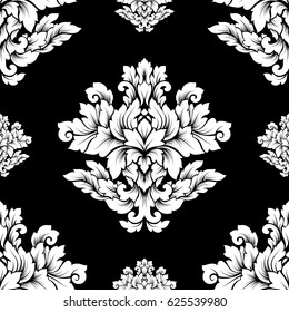 Damask seamless pattern intricate design. Luxury royal ornament, victorian texture for wallpapers, textile, wrapping. Exquisite floral baroque lacy flourish in black and white monochrome colors.