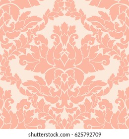 Damask seamless pattern intricate design. Luxury royal ornament, victorian texture for wallpapers, textile, wrapping . Exquisite floral baroque lacy flourish in vintage peachy colors.