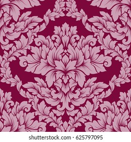 Damask seamless pattern intricate design. Luxury royal ornament, victorian texture for wallpapers, textile, wrapping. Exquisite floral baroque lacy flourish in vintage deep red color.