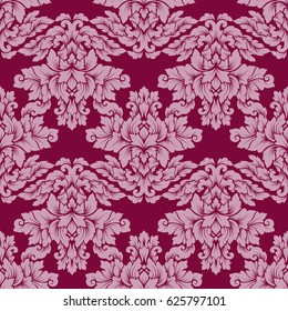 Damask seamless pattern intricate design. Luxury royal ornament, victorian texture for wallpapers, textile, wrapping. Exquisite floral baroque lacy flourish in vintage deep red color.