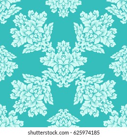 Damask seamless pattern intricate design. Luxury royal ornament, victorian texture for wallpapers, textile, wrapping. Exquisite floral baroque lacy flourish in soft mint green colors.