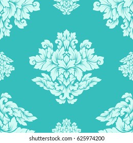 Damask seamless pattern intricate design. Luxury royal ornament, victorian texture for wallpapers, textile, wrapping. Exquisite floral baroque lacy flourish in soft mint green colors.