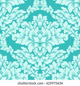Damask seamless pattern intricate design. Luxury royal ornament, victorian texture for wallpapers, textile, wrapping. Exquisite floral baroque lacy flourish in soft mint green colors.