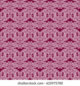 Damask seamless pattern intricate design. Luxury royal ornament, victorian texture for wallpapers, textile, wrapping. Exquisite floral baroque lacy flourish in vintage deep red color.