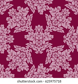 Damask seamless pattern intricate design. Luxury royal ornament, victorian texture for wallpapers, textile, wrapping. Exquisite floral baroque lacy flourish in vintage deep red color.